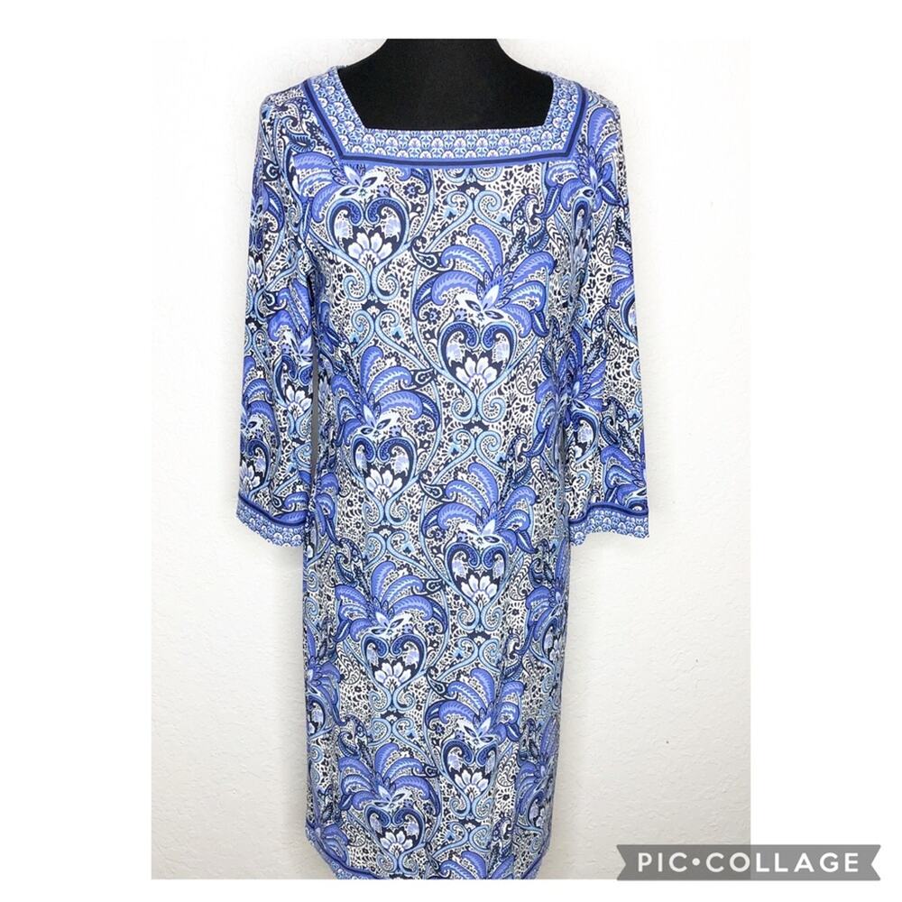 Talbots blue white floral square‎ neck shift dress size Medium
